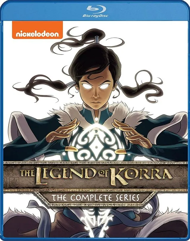 The Legend of Korra: The Complete Series Blu-ray box art, with Korra in the Avatar State with glowing eyes above the series logo