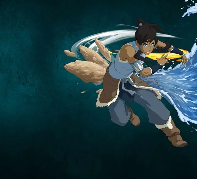 Textless Paramount+ hero art in a near-square crop: Korra bending water, with earth and fire around her, on a dark teal background