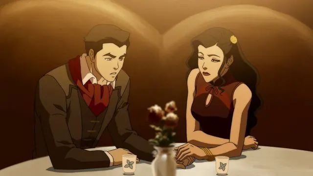 Book One still: Mako and Asami Sato at a restaurant table
