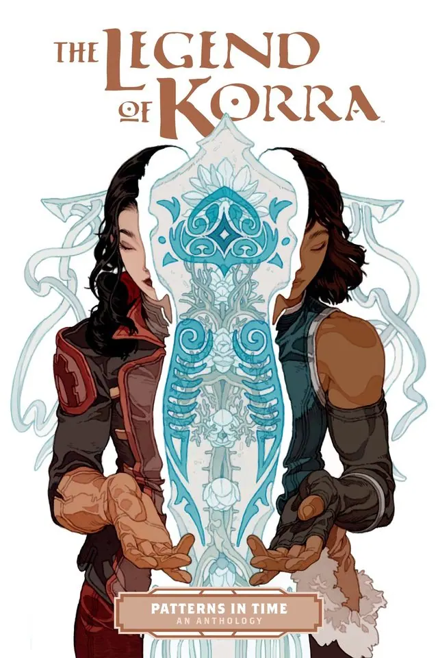 Cover of The Legend of Korra: Patterns in Time, a 10th-anniversary anthology: Korra and Asami split by a Raava motif (cover by Sachin Teng)
