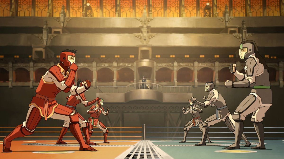 Book One still: the Fire Ferrets in red pro-bending gear face an opposing team in the Republic City Pro-bending Arena