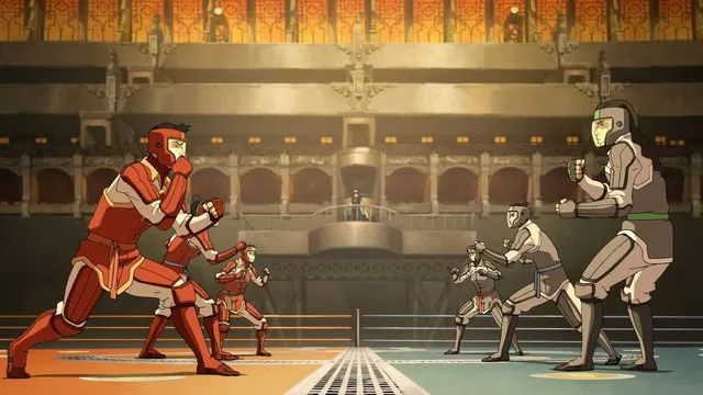 Book One still: the Fire Ferrets in red pro-bending gear face an opposing team in the Republic City Pro-bending Arena