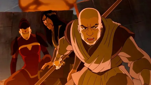 Book Three still: Red Lotus members (bald staff-wielder, P'Li with her forehead tattoo, long-haired Ghazan) on the attack