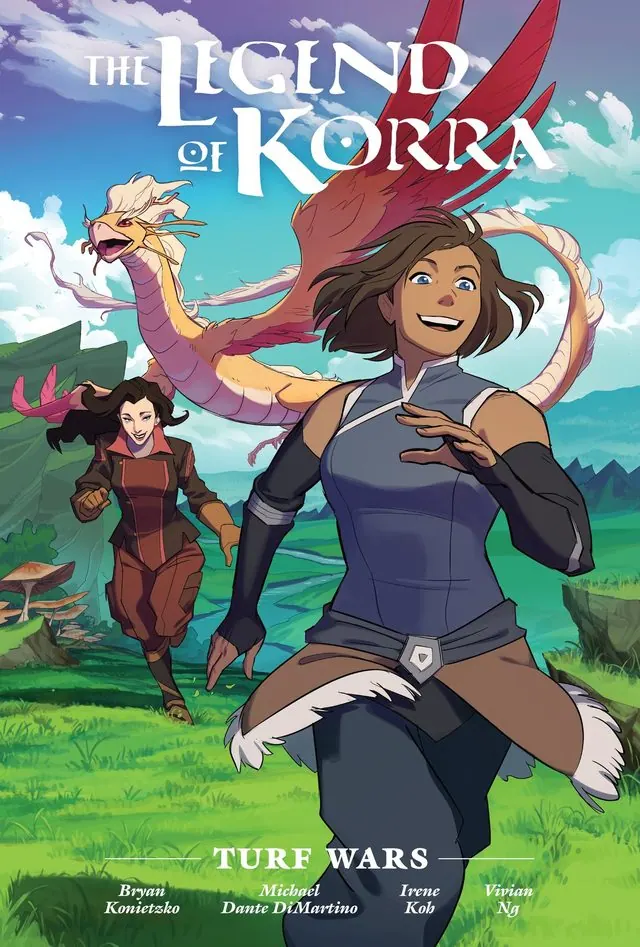 Cover of The Legend of Korra: Turf Wars Library Edition: Korra and Asami in the Spirit World with a dragon spirit