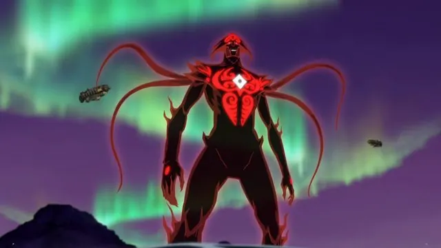 Book Two still: the giant red-and-black Dark Avatar (Unalaq fused with Vaatu) under the aurora