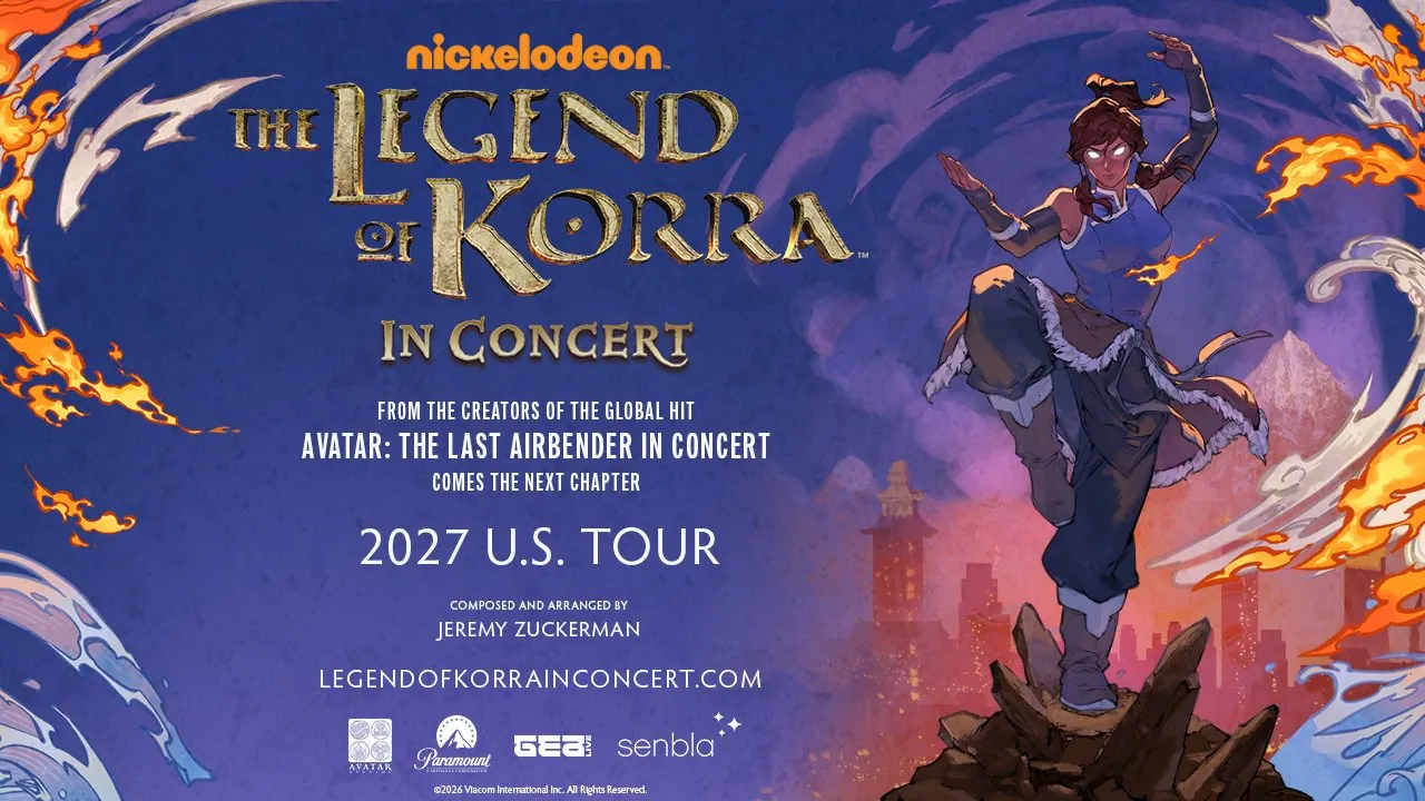 The Legend of Korra In Concert 2027 U.S. tour banner: Korra bending fire and water over Republic City, with tour text and the Paramount, GEA Live and Senbla logos (15th-anniversary orchestral tour)