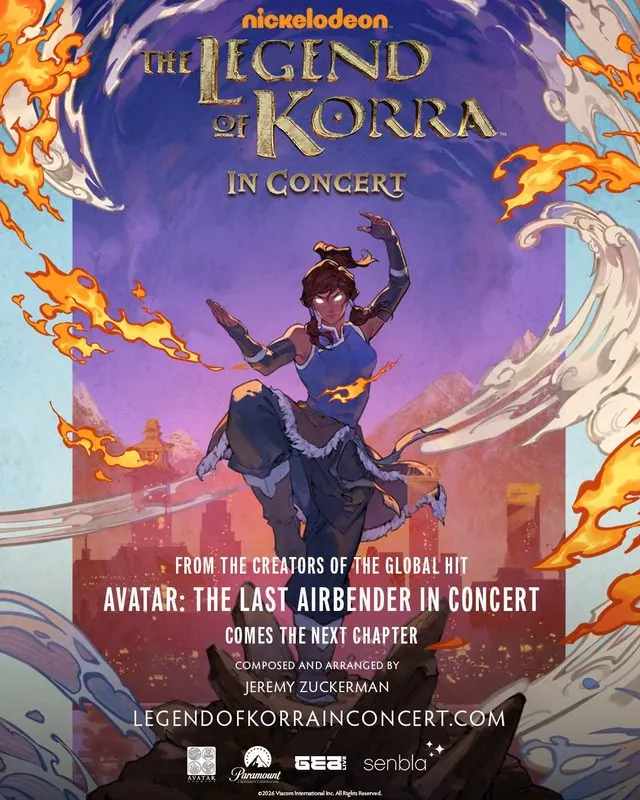 The Legend of Korra In Concert portrait poster: Korra bending fire and water over the Republic City skyline, with Jeremy Zuckerman credit and the legendofkorrainconcert.com URL
